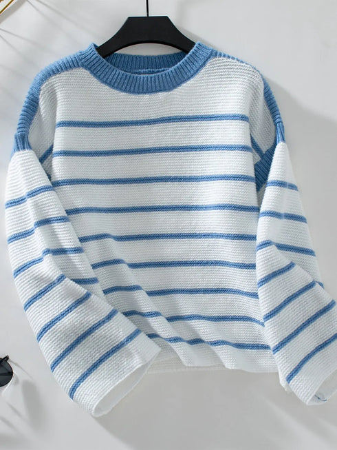 'Luna' Striped Crewneck Knit Sweater - Celes Fashion